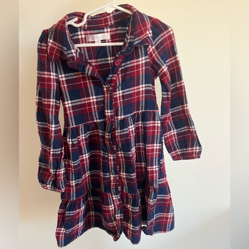 Biscotti Navy Burgundy White Plaid Patterned Button Down Girl's Dress, Size 5